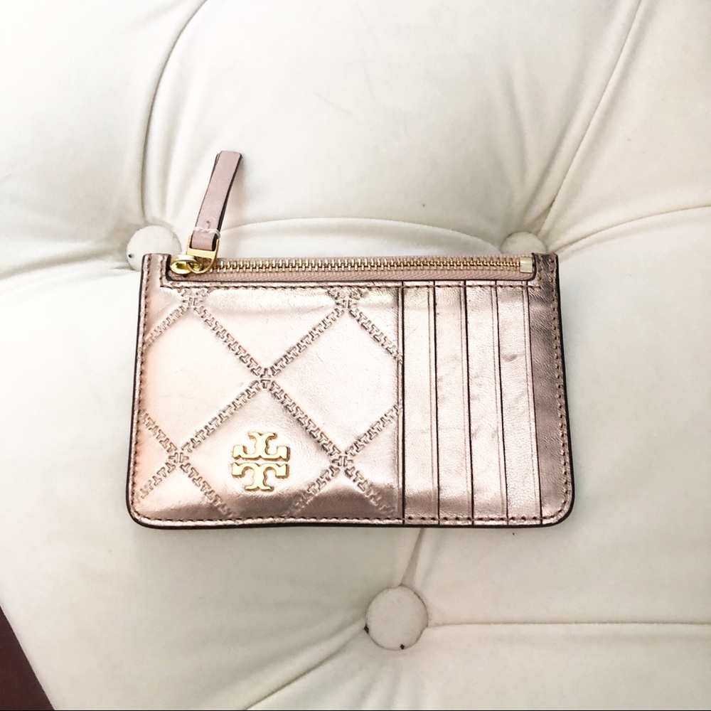 Tory Burch Rose Gold Quilted Leather Card Case